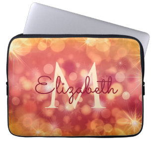 Capa Para Notebook Girly Glitter Coral Orange Bokeh Inicial Monograma