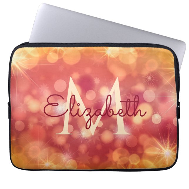 Capa Para Notebook Girly Glitter Coral Orange Bokeh Inicial Monograma (Frente)