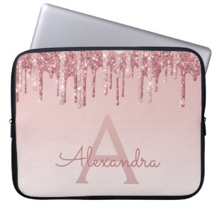 Capa Para Notebook Girly Pink Rose Gold Glitter Drips Monogram