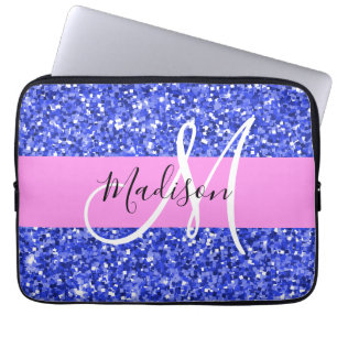 Capa Para Notebook Glam Azul Escuro Rosa Brilho Faíscas Monograma Nom