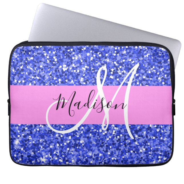 Capa Para Notebook Glam Azul Escuro Rosa Brilho Faíscas Monograma Nom (Frente)