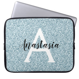 Capa Para Notebook Glam Azul Prateado Brilho Faíscas Monograma Nome