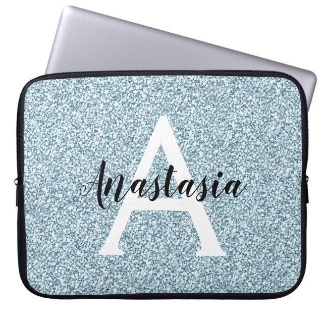 Capa Para Notebook Glam Azul Prateado Brilho Faíscas Monograma Nome (Frente)