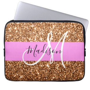 Capa Para Notebook Glam Pink & Copper Glitter Sparkles Nome do Monogr