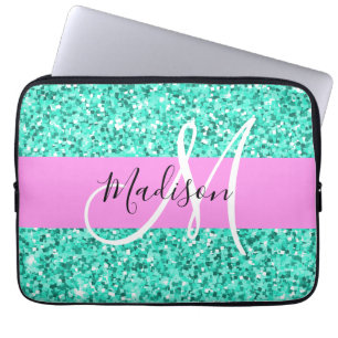 Capa Para Notebook Glam Pink e Aqua Glitter Sparkles Nome do Monogram