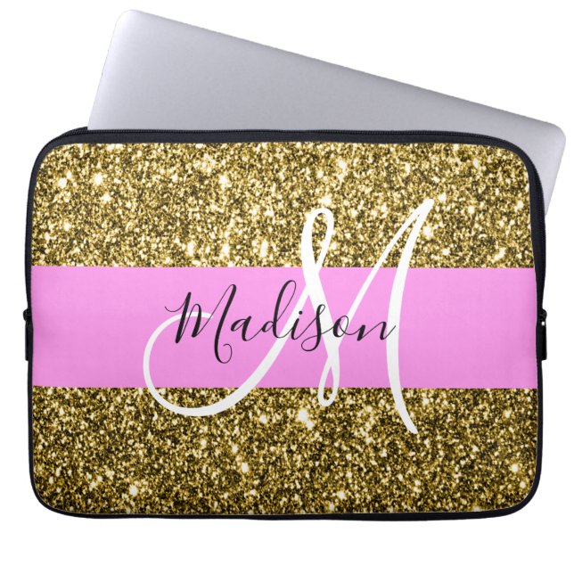 Capa Para Notebook Glam Pink e Glitter Dourado Sparkles Nome do Monog (Frente)