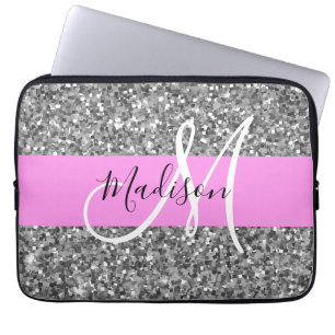 Capa Para Notebook Glam Pink & Silver Glitter Sparkles Nome do Monogr