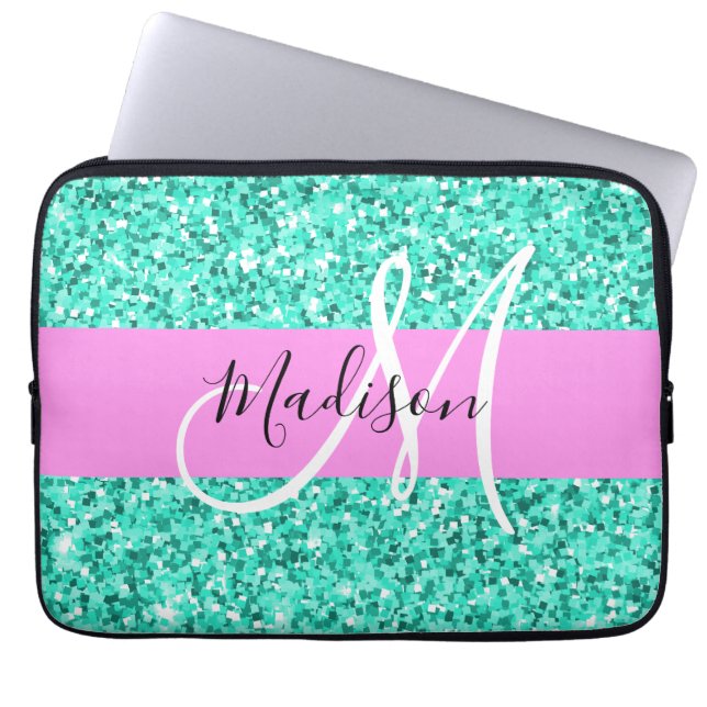 Capa Para Notebook Glam Pink Turquoise Glitter Sparkles Nome do Monog (Frente)
