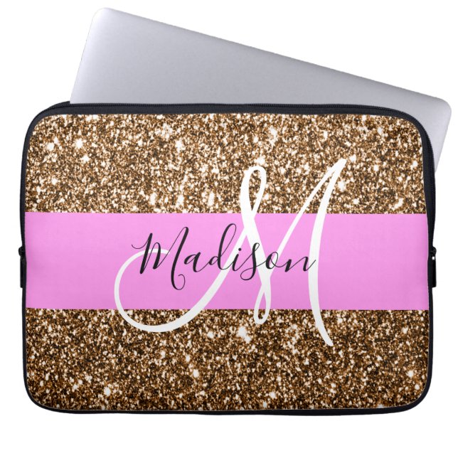 Capa Para Notebook Glam Rosa e Bronze Brilho Faíscas Monograma Nome (Frente)