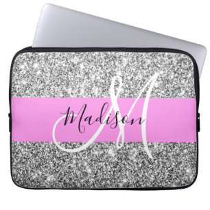 Capa Para Notebook Glam Rosa e Monograma com Brilho Prateado