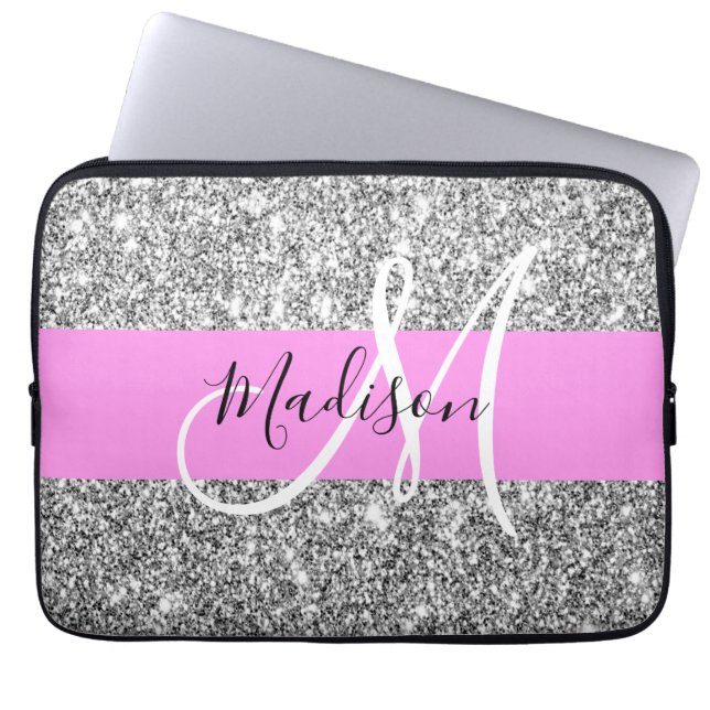 Capa Para Notebook Glam Rosa e Monograma com Brilho Prateado (Frente)