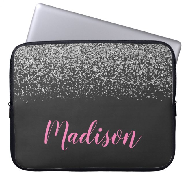 Capa Para Notebook Glam Silver Glitter Sparkles Black & Pink Name (Frente)