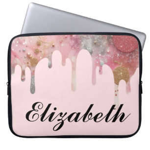 Capa Para Notebook Glitter cinza-branca goteja nome ouro prateado cor