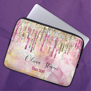 Capa Para Notebook Glitter dourado rosa-chic goteja monograma