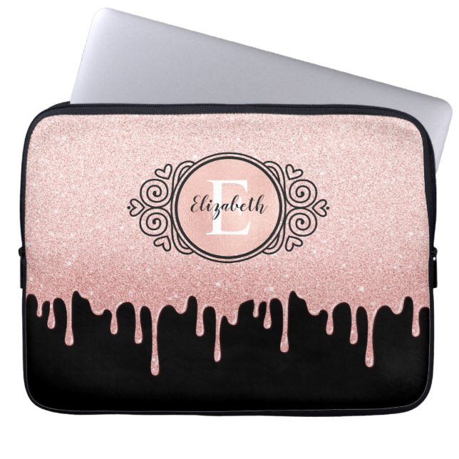 Capa Para Notebook Glitter Dourado Rosa preto gira monograma (Frente)