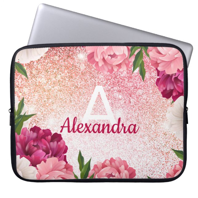 Capa Para Notebook Glitter Floral Monograma Elegante (Frente)