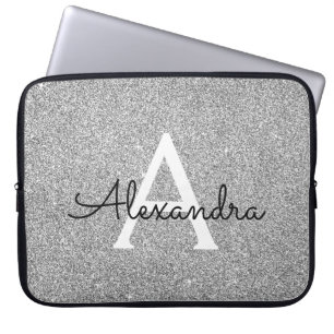 Capa Para Notebook Glitter prateado elegante e monograma de brilho