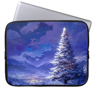 Capa Para Notebook Glowing Christmas Tree Snowy Mountain Landscape