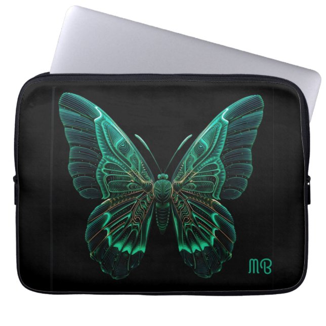 Capa Para Notebook Glowing Neon Green Teal Butterfly Art (Frente)