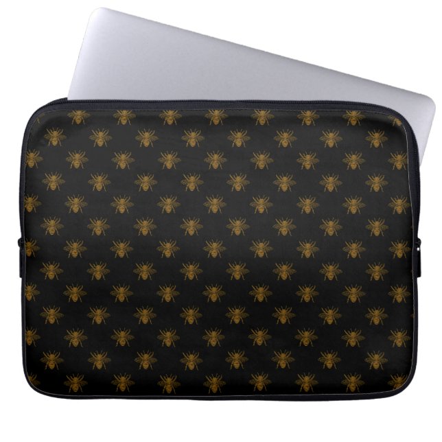 Capa Para Notebook Gold Metallic Foil Bees on Black (Frente)