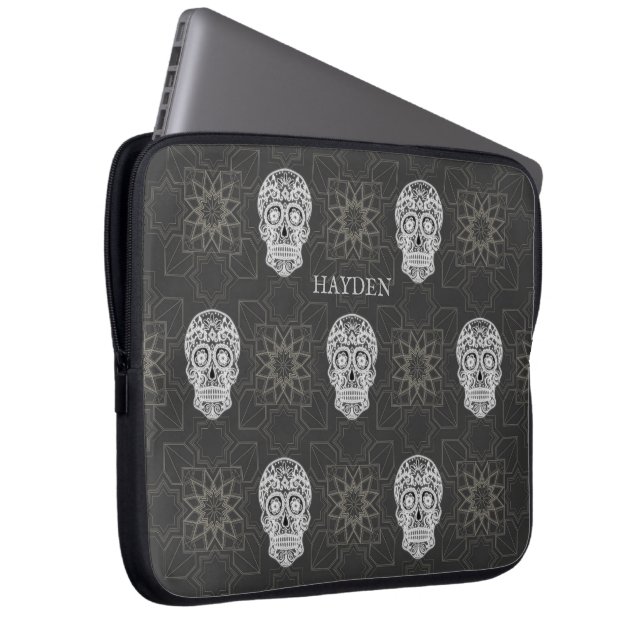 Capa Para Notebook Gothic Sugar Skull and Grey Geometric Personalised (Frente Esquerda)