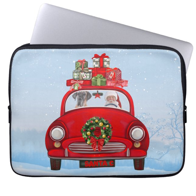 Capa Para Notebook Grande Cachorro De Dane No Carro Com Papai Noel (Frente)
