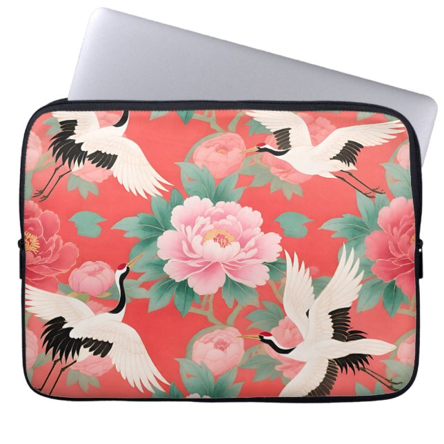 Capa Para Notebook Groses-Flores Vermelhas de Grou Japonês Elegância  (Frente)