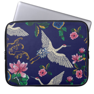 Capa Para Notebook Gruas bordadas e flores, sem costura de vinhaça
