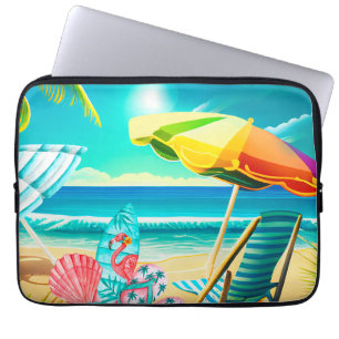 Capa Para Notebook Guardas-chuvas de praia, prancha-de-surfe e árvore