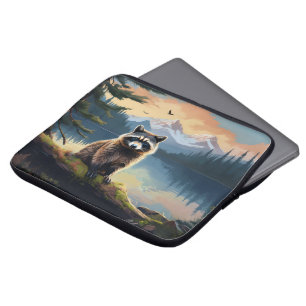 Capa Para Notebook Guaxinim em um Lago Florestal de Madeira