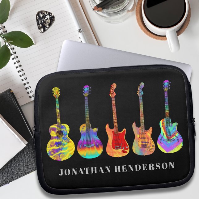 Capa Para Notebook Guitarras Retro Personalizadas em Preto (Funky guitar pattern on black with personalized name music teacher guitarist musician performer )