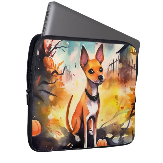 Capa Para Notebook Halloween Basenji Com Pumpkins Assustado (Frente Esquerda)