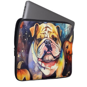 Capa Para Notebook Halloween Bulldog Com Pumpkins Assustado