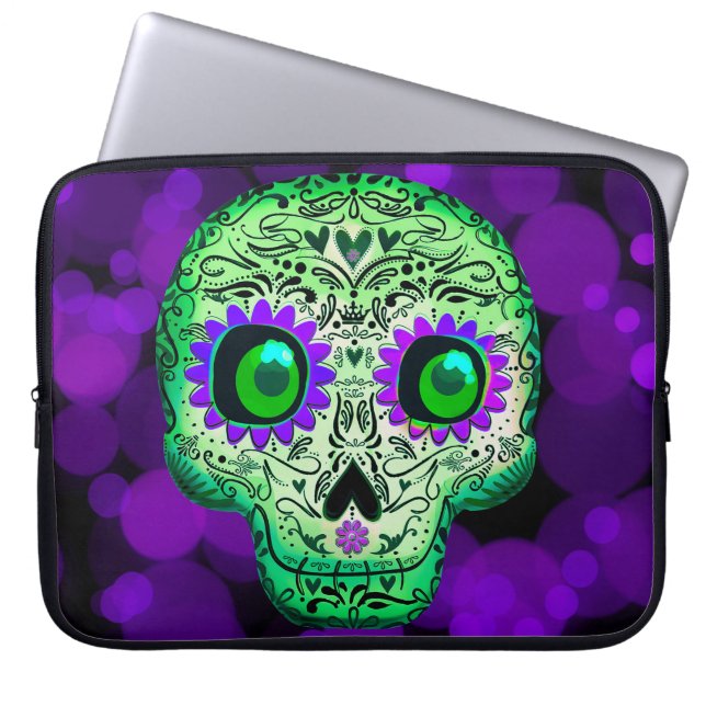 Capa Para Notebook Halloween do Crânio de Açúcar Verde e Roxo (Frente)