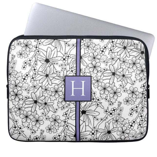Capa Para Notebook Hand Drawn White Floral Pattern Purple Monogram (Frente)