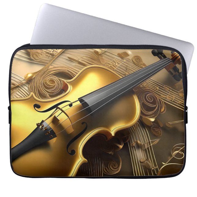 Capa Para Notebook Harmonia Dourada: Violino Antigo em Notas Reluzent (Frente)