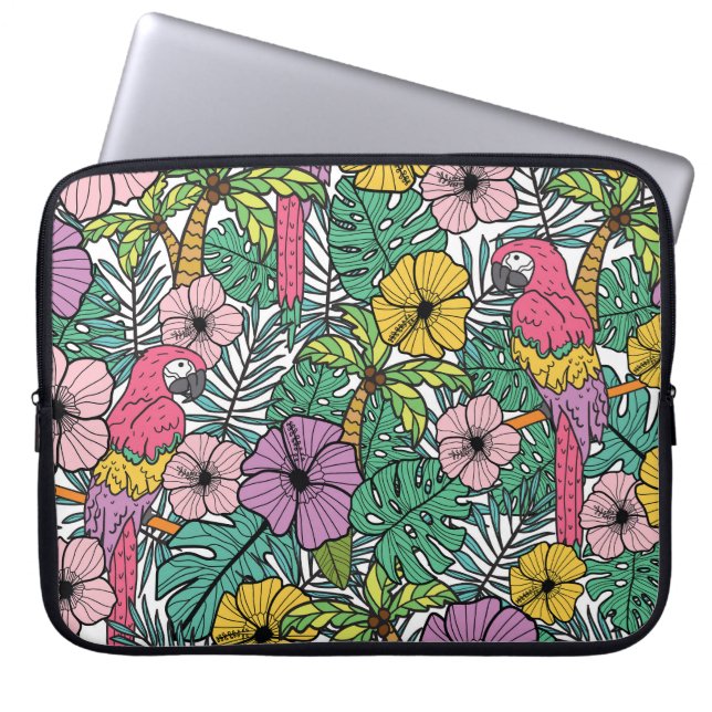 Capa Para Notebook hibisco tropical, palma, padrão de papagaios. (Frente)
