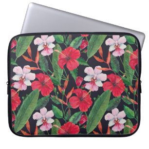 Capa Para Notebook hibisco vermelho, orquídeas, aquarela tropical.