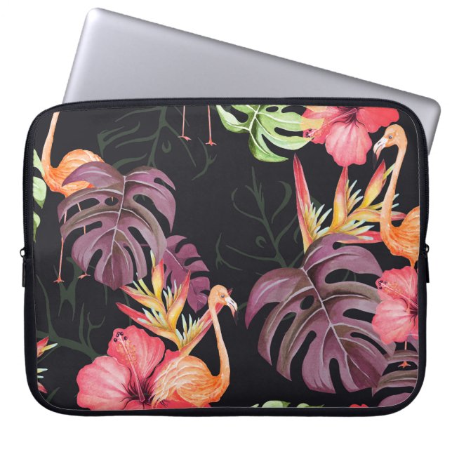 Capa Para Notebook Hibiscus, Flamingos, Padrão Tropical Watercolor. (Frente)