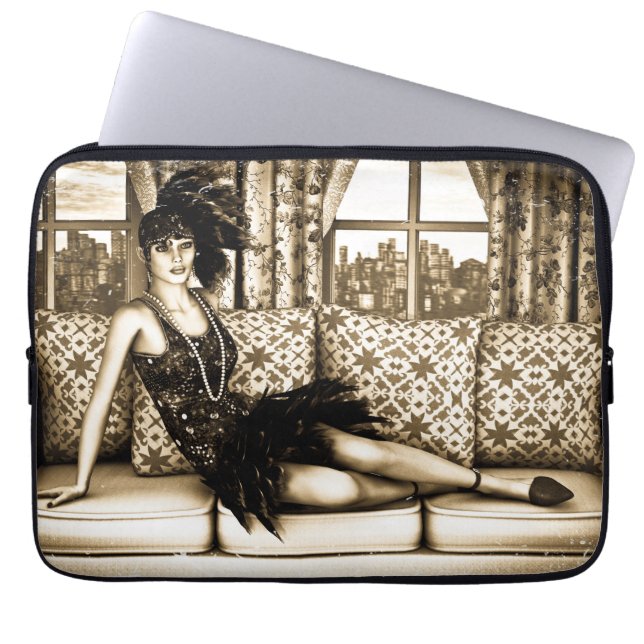 Capa Para Notebook Ilustração Art Déco Sepia de Mulher Flapper (Frente)