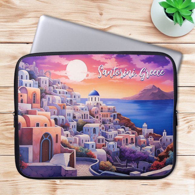 Capa Para Notebook Ilustração da Ilha Sunset Santorini | Viagem Art (Sunset Santorini Island Illustration | Travel Art Laptop Sleeve)