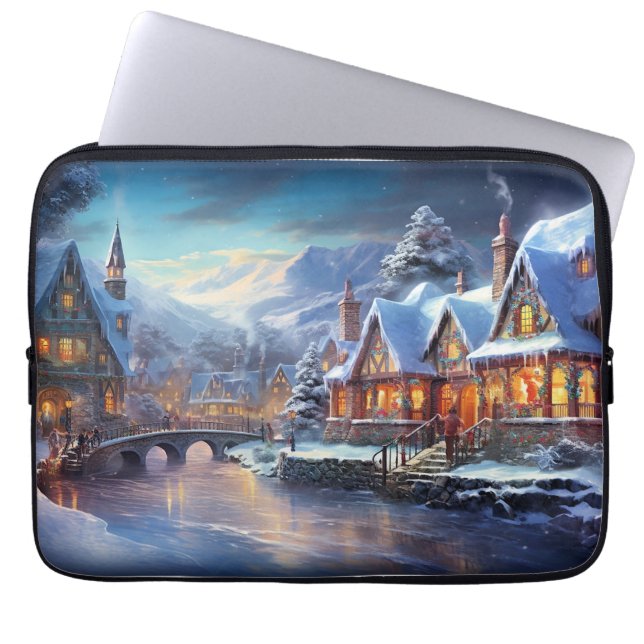 Capa Para Notebook Ilustração de Aldeia de Inverno (Frente)