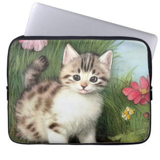 Capa Para Notebook Ilustração de Gato Vintage com Flores Vermelhas