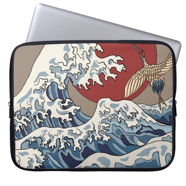 Capa Para Notebook Ilustração de grua e onda japonesa tradicional C (Frente)