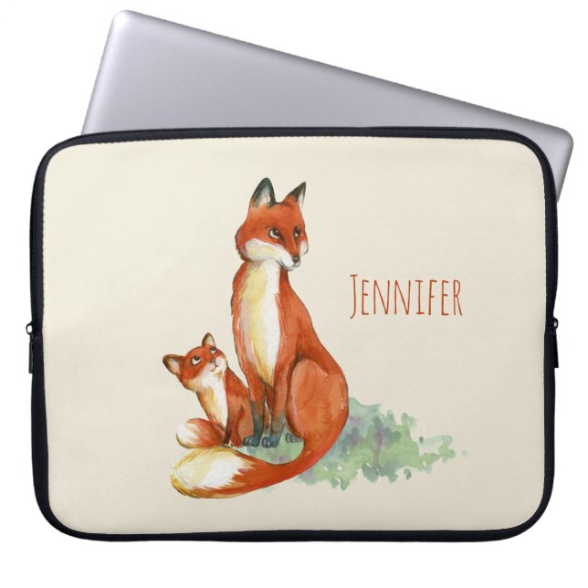 Capa Para Notebook Ilustração em Aquarela da Mamãe Raposa e do Bebê (Frente)