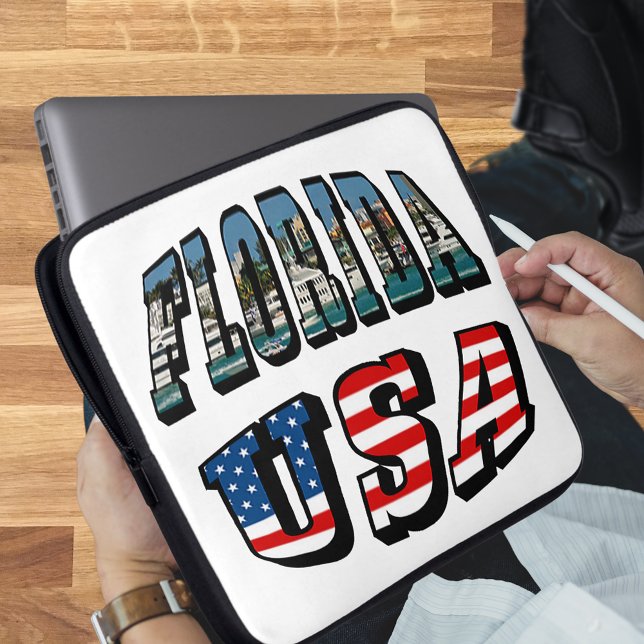 Capa Para Notebook Imagem da Flórida e Texto de Sinalizador dos EUA (Florida Picture and USA Flag Text Laptop Sleeve)