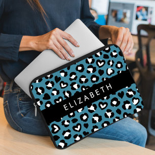 Capa Para Notebook Impressão Animal, Leopardo Azul, Corações, Seu Nom