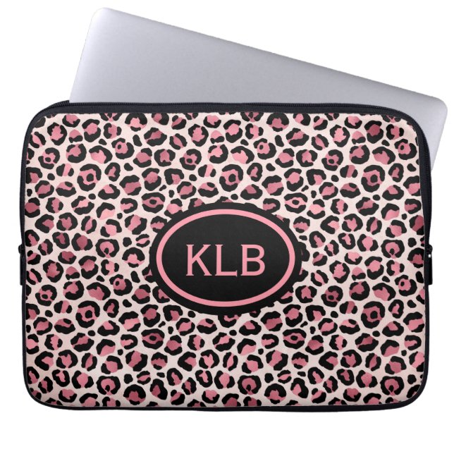 Capa Para Notebook Impressão em animais-leopardo preto-rosa monograma (Frente)