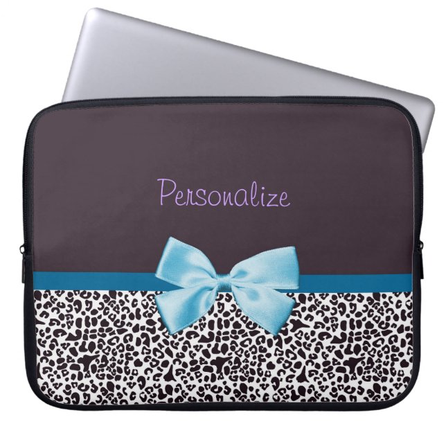 Capa Para Notebook Impressão na moda do leopardo e fita azul com nome (Frente)