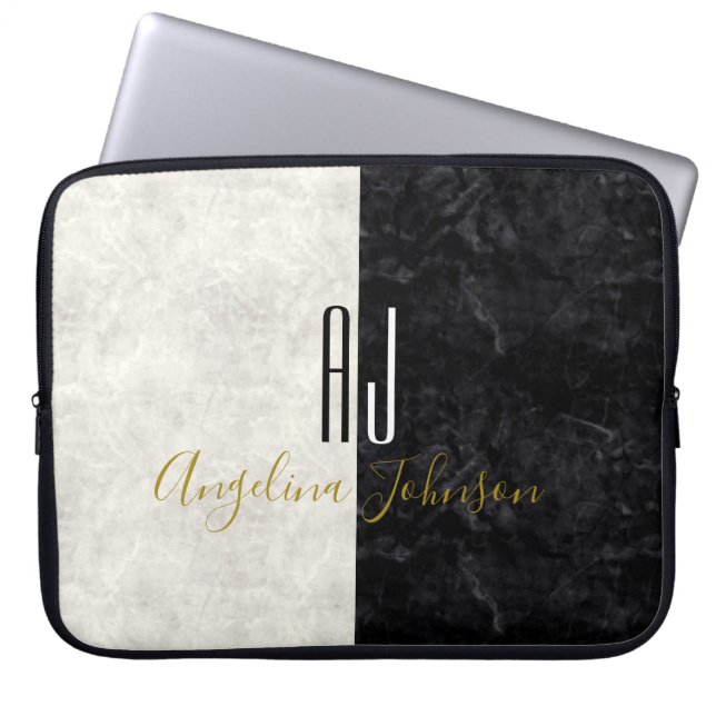 Capa Para Notebook Iniciais de Monograma Branco e Preto Marble Modern (Frente)